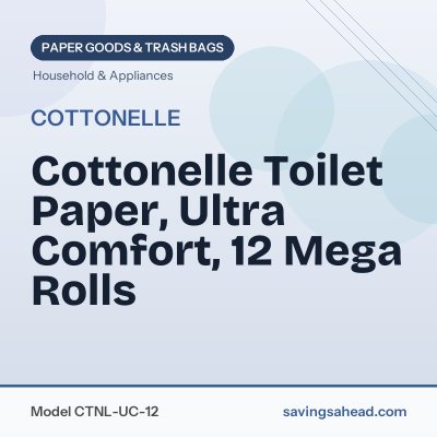 Cottonelle Toilet Paper, Ultra Comfort, 12 Mega Rolls
