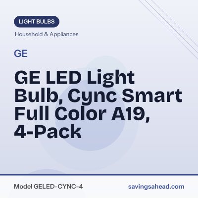 GE LED Light Bulb, Cync Smart Full Color A19, 4-Pack