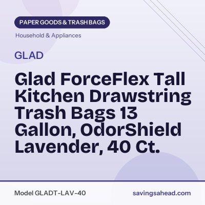 Glad ForceFlex Tall Kitchen Drawstring Trash Bags 13 Gallon, OdorShield Lavender, 40 Ct.