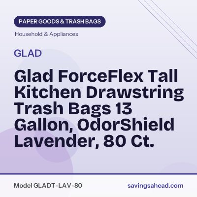 Glad ForceFlex Tall Kitchen Drawstring Trash Bags 13 Gallon, OdorShield Lavender, 80 Ct.
