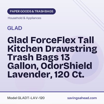 Glad ForceFlex Tall Kitchen Drawstring Trash Bags 13 Gallon, OdorShield Lavender, 120 Ct.