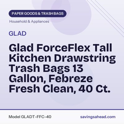 Glad ForceFlex Tall Kitchen Drawstring Trash Bags 13 Gallon, Febreze Fresh Clean, 40 Ct.