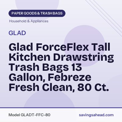 Glad ForceFlex Tall Kitchen Drawstring Trash Bags 13 Gallon, Febreze Fresh Clean, 80 Ct.