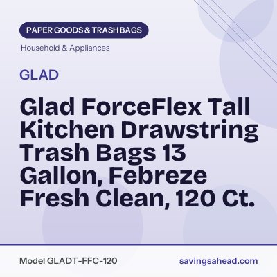 Glad ForceFlex Tall Kitchen Drawstring Trash Bags 13 Gallon, Febreze Fresh Clean, 120 Ct.