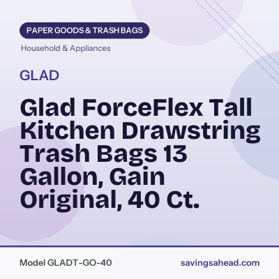 Glad ForceFlex Tall Kitchen Drawstring Trash Bags 13 Gallon, Gain Original, 40 Ct.