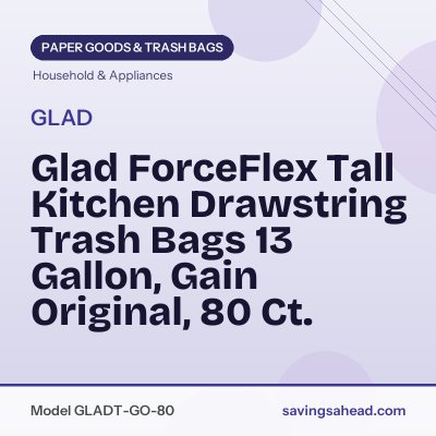 Glad ForceFlex Tall Kitchen Drawstring Trash Bags 13 Gallon, Gain Original, 80 Ct.