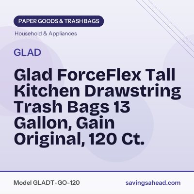 Glad ForceFlex Tall Kitchen Drawstring Trash Bags 13 Gallon, Gain Original, 120 Ct.