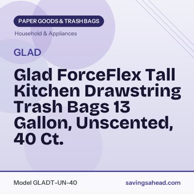 Glad ForceFlex Tall Kitchen Drawstring Trash Bags 13 Gallon, Unscented, 40 Ct.