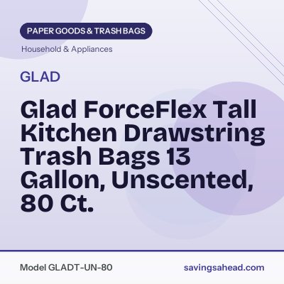 Glad ForceFlex Tall Kitchen Drawstring Trash Bags 13 Gallon, Unscented, 80 Ct.