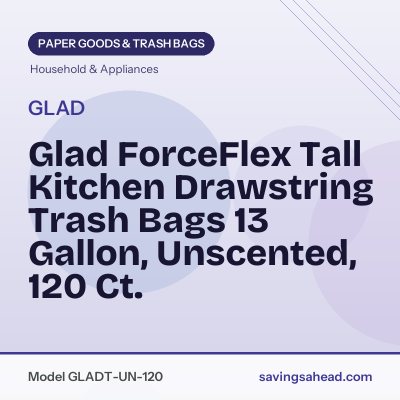 Glad ForceFlex Tall Kitchen Drawstring Trash Bags 13 Gallon, Unscented, 120 Ct.