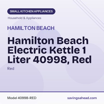 Hamilton Beach Electric Kettle 1 Liter 40998, Red