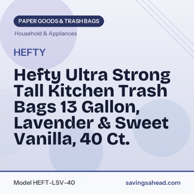 Hefty Ultra Strong Tall Kitchen Trash Bags 13 Gallon, Lavender & Sweet Vanilla, 40 Ct.