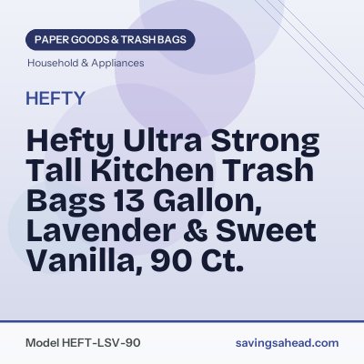 Hefty Ultra Strong Tall Kitchen Trash Bags 13 Gallon, Lavender & Sweet Vanilla, 90 Ct.