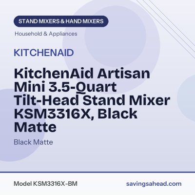 KitchenAid Artisan Mini 3.5-Quart Tilt-Head Stand Mixer KSM3316X, Black Matte