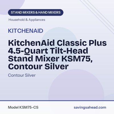 KitchenAid Classic Plus 4.5-Quart Tilt-Head Stand Mixer KSM75, Contour Silver