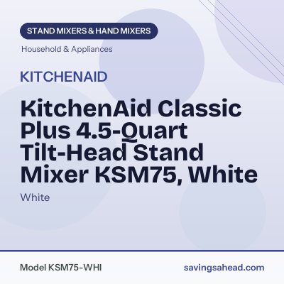 KitchenAid Classic Plus 4.5-Quart Tilt-Head Stand Mixer KSM75, White