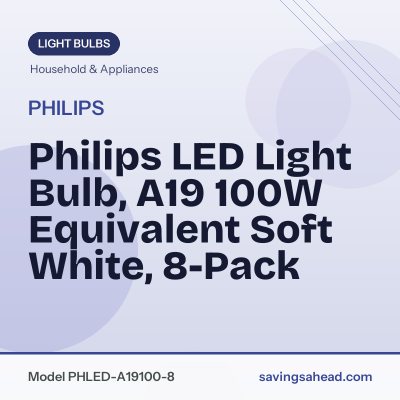Philips LED Light Bulb, A19 100W Equivalent Soft White, 8-Pack