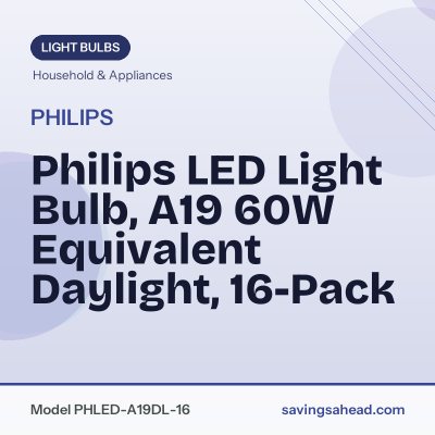Philips LED Light Bulb, A19 60W Equivalent Daylight, 16-Pack