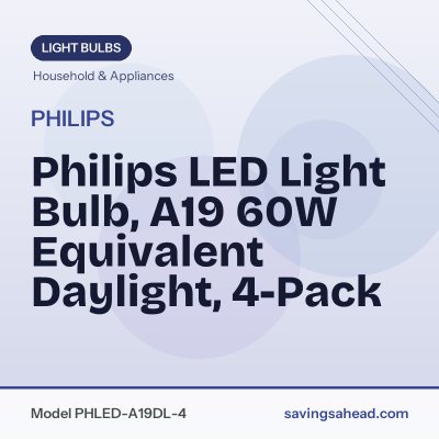Philips LED Light Bulb, A19 60W Equivalent Daylight, 4-Pack