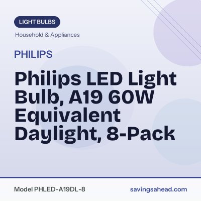 Philips LED Light Bulb, A19 60W Equivalent Daylight, 8-Pack