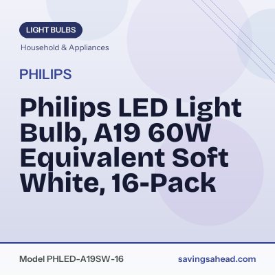 Philips LED Light Bulb, A19 60W Equivalent Soft White, 16-Pack