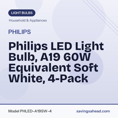 Philips LED Light Bulb, A19 60W Equivalent Soft White, 4-Pack