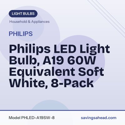 Philips LED Light Bulb, A19 60W Equivalent Soft White, 8-Pack
