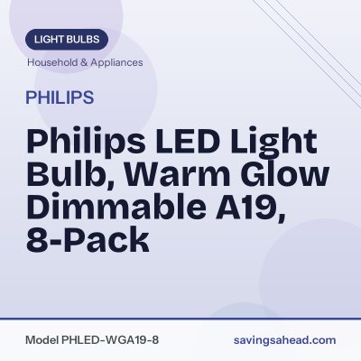 Philips LED Light Bulb, Warm Glow Dimmable A19, 8-Pack