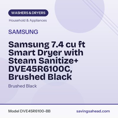 Samsung 7.4 cu ft Smart Dryer with Steam Sanitize+ DVE45R6100C, Brushed Black