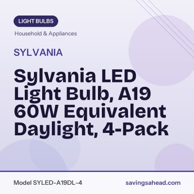 Sylvania LED Light Bulb, A19 60W Equivalent Daylight, 4-Pack